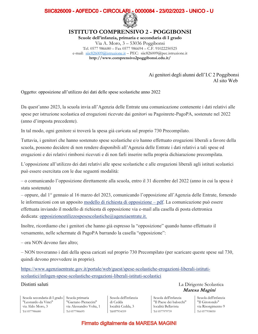 Comunicazione opposizione allutilizzo dei dati relativi alle spese scolastiche e alle erogazioni liberali agli istituti scolastici